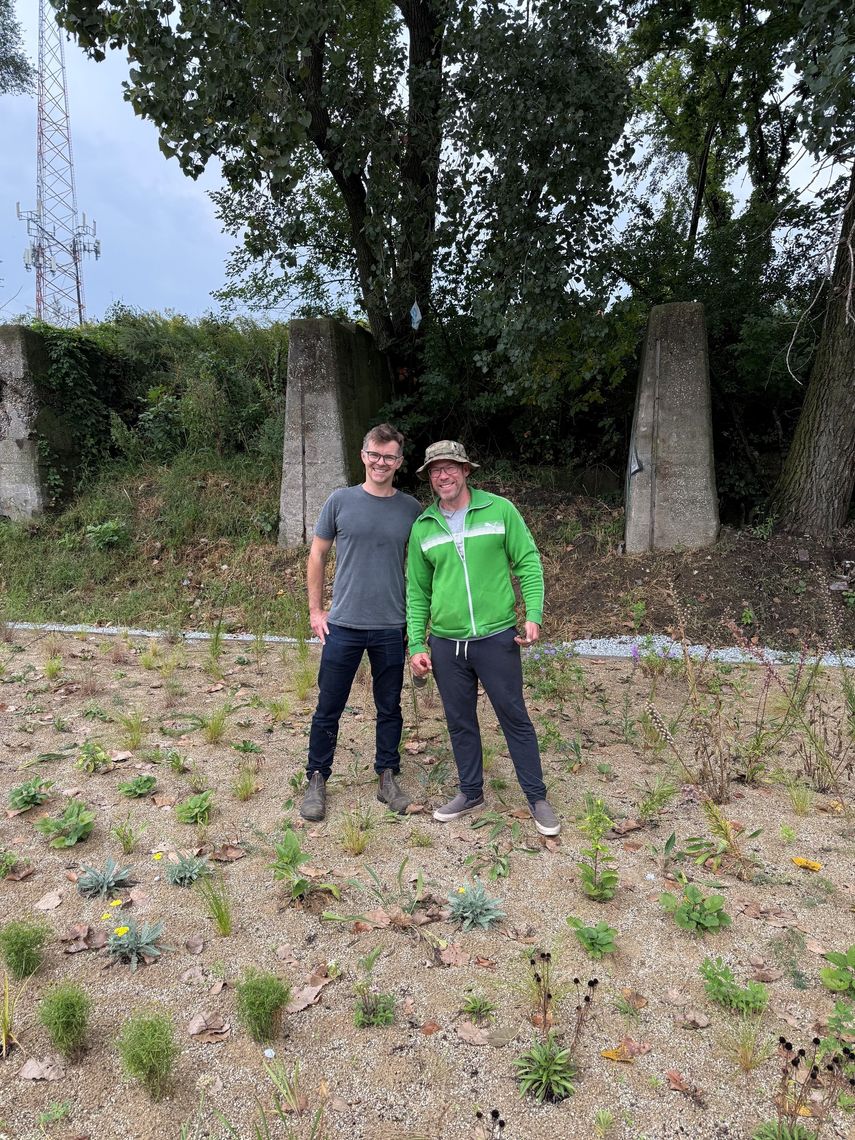 Chris Fehlhaber (left) and Chris Abraham (right) in a sand garden.